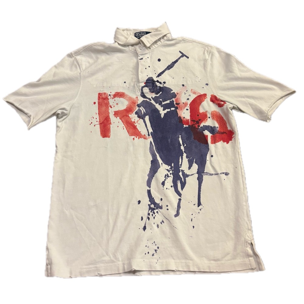 Polo Ralph Lauren Big Pony Paint Splatter Graphic Polo Shirt Mens Large Cream